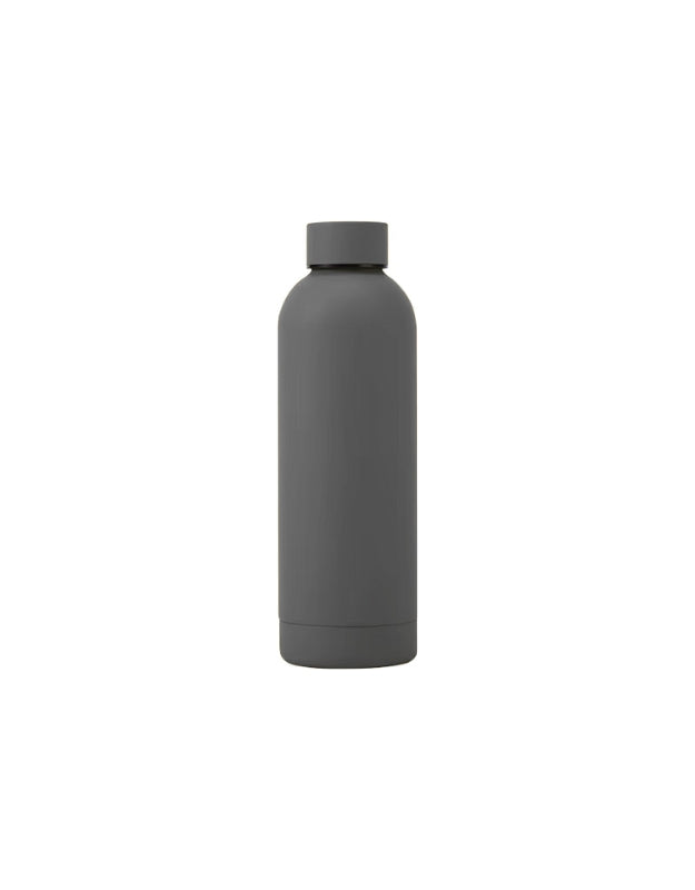 Matte stainless steel water bottle 500ml in gray, durable insulated flask.